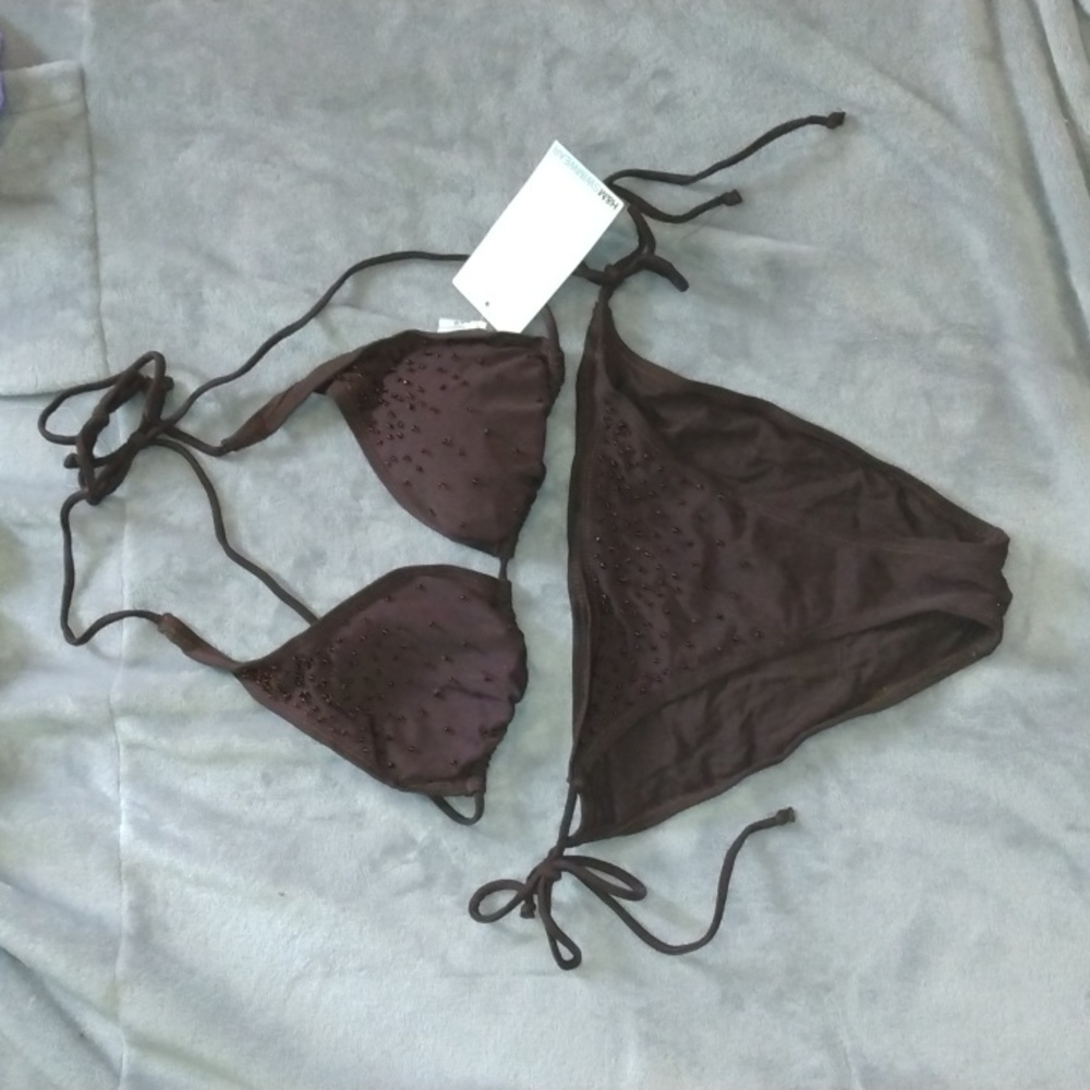 H&M women's brown beaded bikini top and bottom size 8 swimwear New